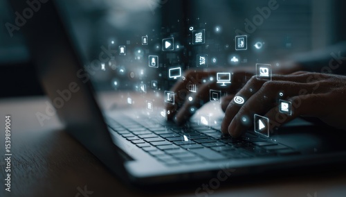 Hands typing on laptop, digital media icons emanating from keyboard, signifying online interaction and content creation