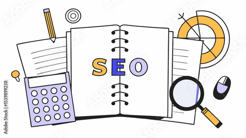 SEO notebook with calculator, magnifying glass, and stationery tools for effective planning