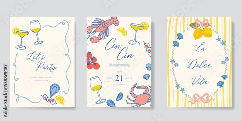 Italy summer party invitation card vector. Italian poster with lemon, leaves, lobster, wine, cheese, tomato, crab, shell in line art. Design for wedding card, greeting card, cover, poster.