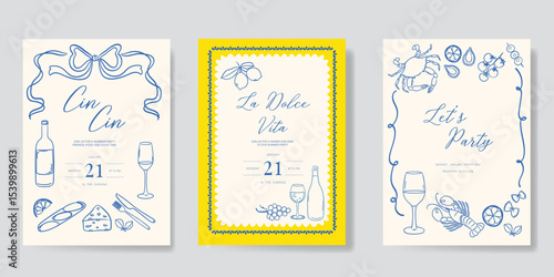 Italy summer party invitation card vector. Italian poster with lemon, leaves, lobster, wine, cheese, tomato in line art. Design for wedding card, greeting card, cover, poster.
