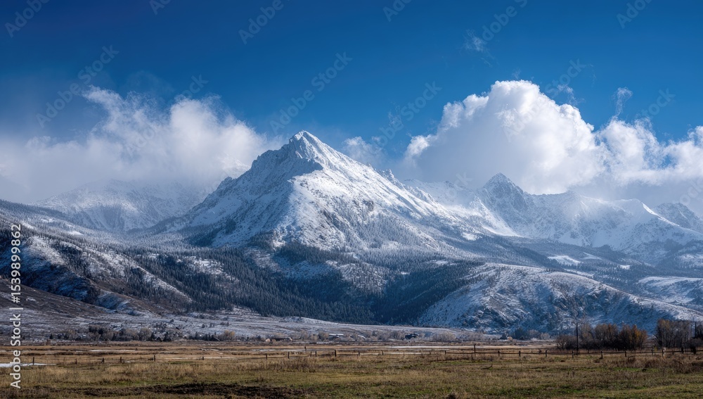 Fototapeta premium Snow-capped mountain range under a vibrant blue sky, with puffy clouds and a foreground of flat, lightly snow-dusted land