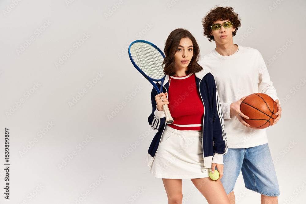 Fototapeta premium Young couple showcases sporty style with tennis racket and basketball in trendy studio