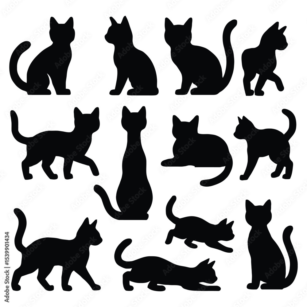 Twelve cat silhouettes collection isolated on white background Twelve cat silhouettes collection isolated on white background