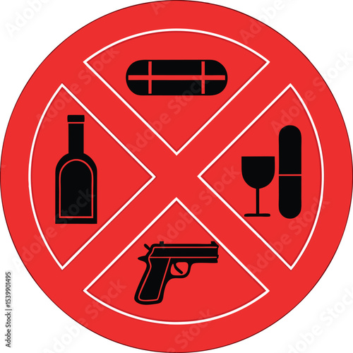 Prohibited Items Sign | No Alcohol, Drugs, Weapons | Safety Warning | Security Regulations | Public Health & Hazard Preventio