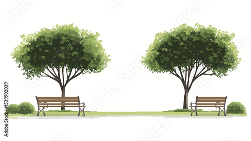 The image is a digital illustration depicting two stylized trees with lush green leaves on either side of a small, grassy area.  Two simple brown wooden benches are situated beneath each tree.  