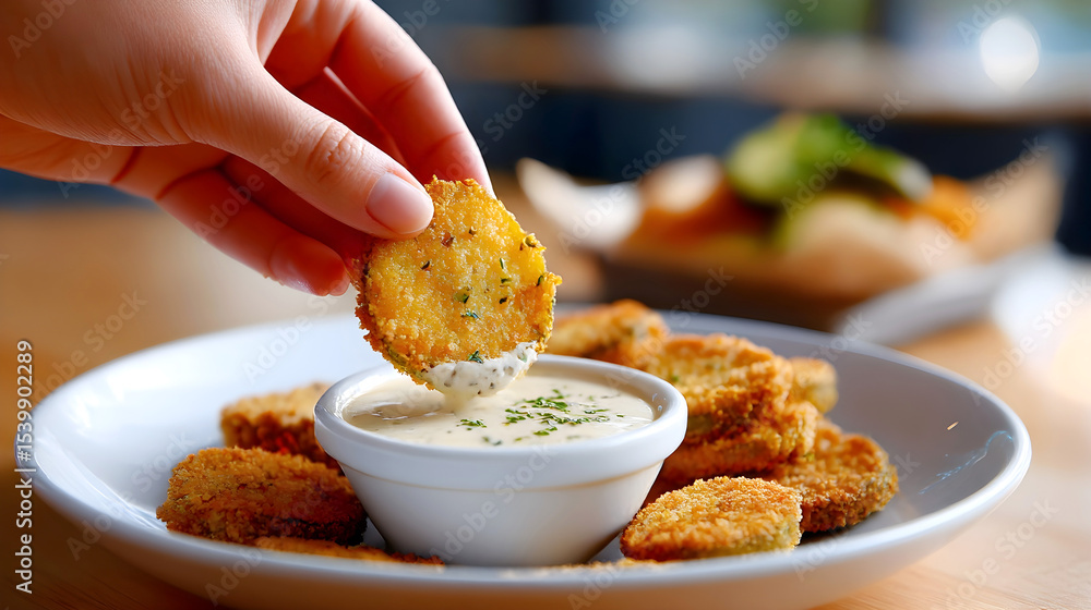 Obraz Hand dipping crispy fried pickle into creamy sauce on white plate with golden appetizer bites. Close-up