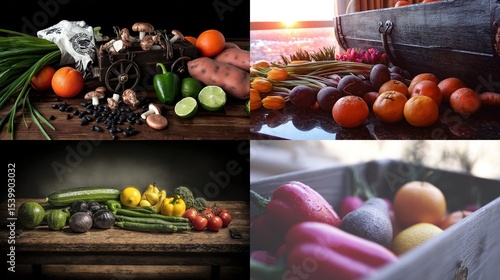 Assorted fruits, vegetables, and produce in a collage with dark and bright lighting