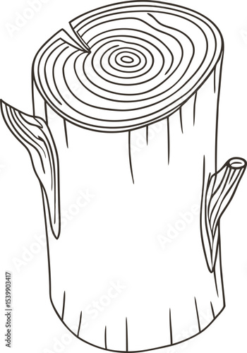 Hand-drawn tree stump illustration with growth rings and bark texture, ideal for forest education, woodworking graphics, rustic design, eco-themed posters, and vintage-style projects.

