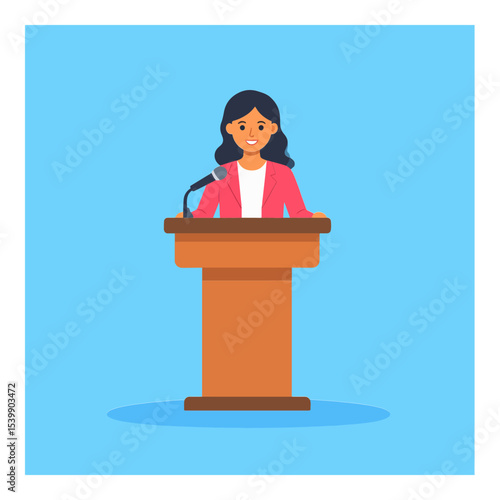 A woman stands behind a brown podium speaking into a microphone set against a light blue background