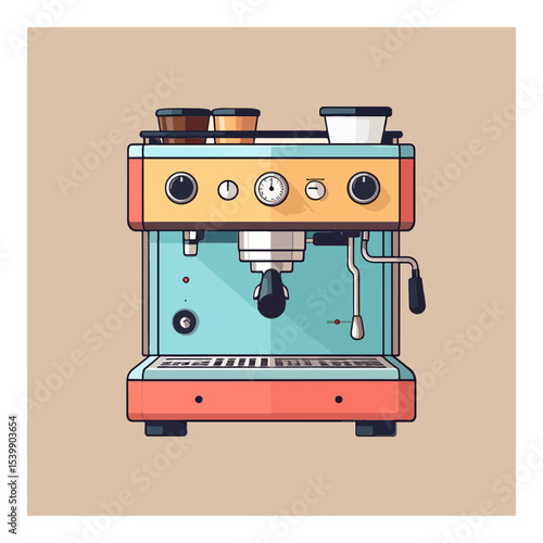 A pixelated espresso machine features dials steam wand  cups atop Its rendered in shades of blue peach  gold on a tan background