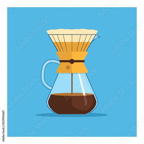 A vector graphic shows a coffee pourover device against a light blue background filled with brown coffee showcasing a minimalist flat design