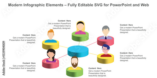 Team Network Infographic – Editable PowerPoint Template with Avatars. Fully editable vector SVG file compatible with PowerPoint, Illustrator, and most vector-based applications.