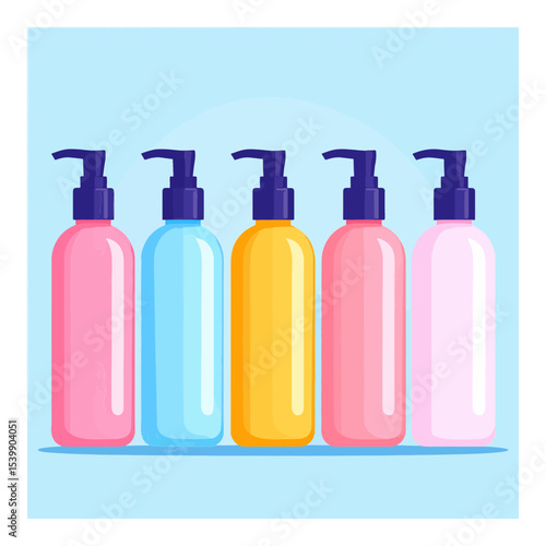 Five colorful pump bottles pink blue yellow pink and light pink on a blue surface against a light blue backdrop