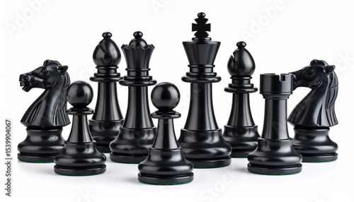 Generated image. Black chess pieces (real) on a shadow-free white background