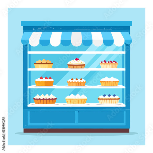 Blue bakery display case with three shelves containing various pies each topped with distinct fruit arrangements