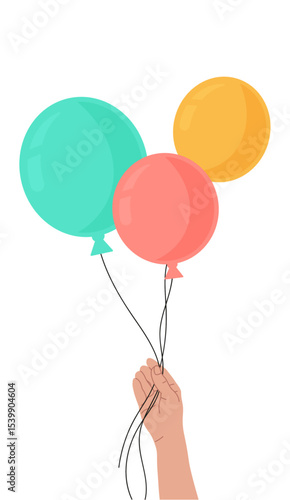 Main fermée qui tient trois ballons attaches par des ficelles