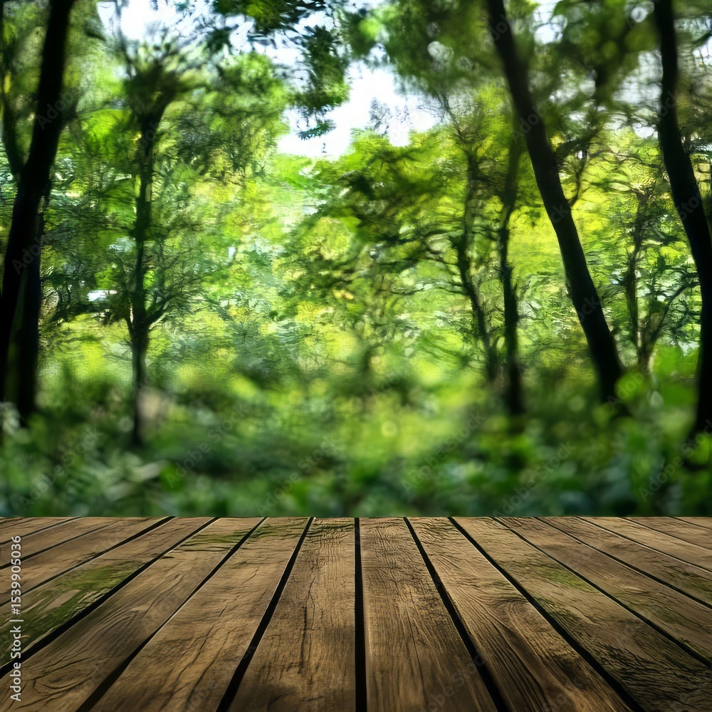 Fototapeta premium Wooden Path to the Forest's Embrace: A weathered wooden floor provides a vantage point to a vibrant scene of a blurred, tranquil, nature. The verdant forest comes alive with sun-dappled leaves.