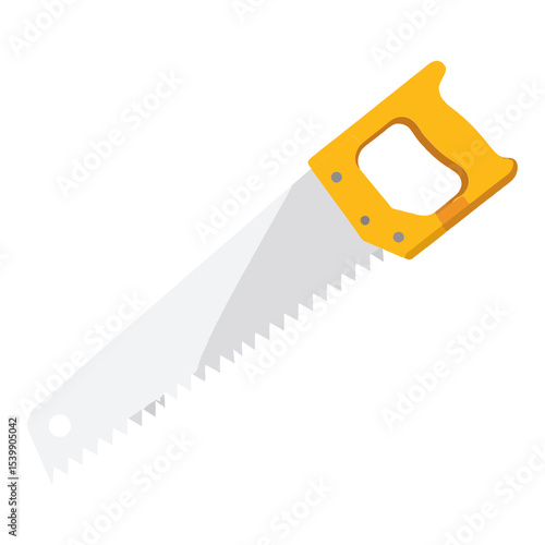 A cartoonstyle image of a hand saw with a yellow handle and a gray toothed blade isolated on a white background