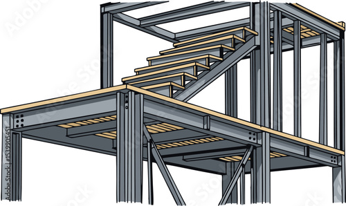 Detailed Architectural Drawing of a Steel Frame Structure with Stairs