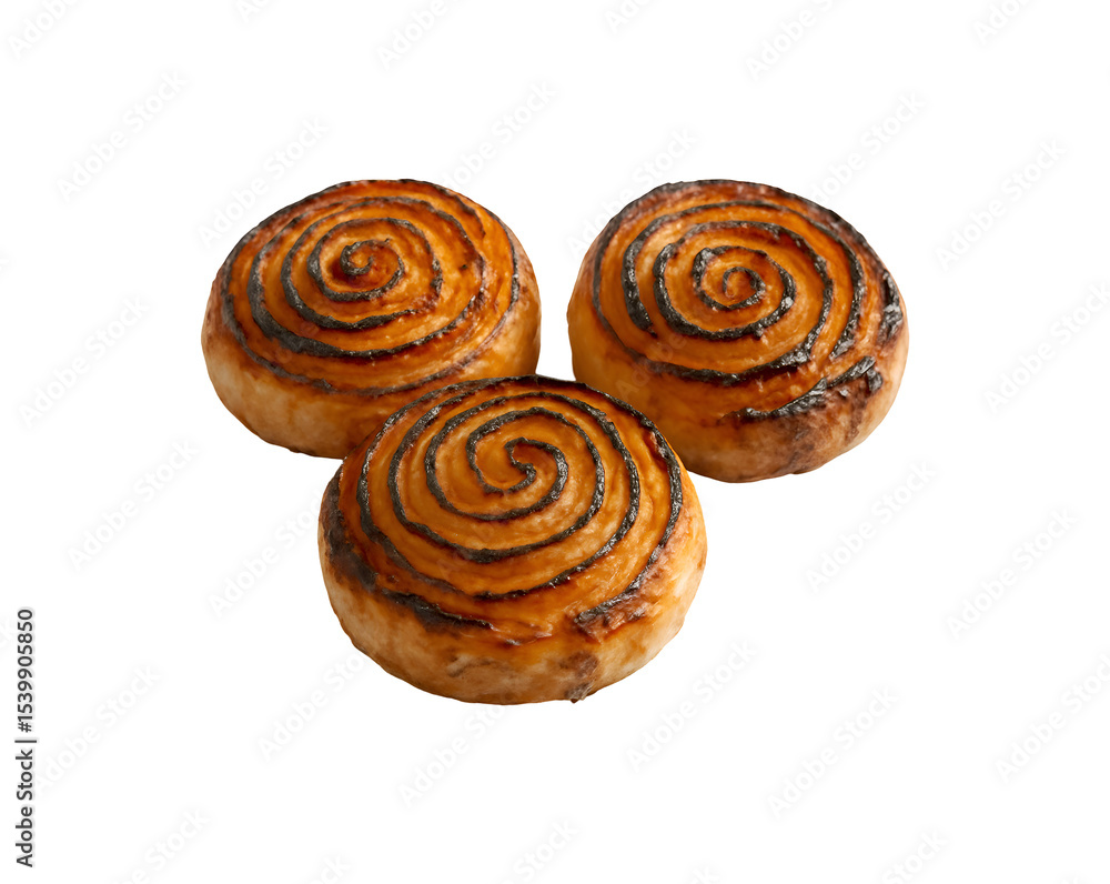 Fototapeta premium Three sweet spiral pastries isolated on transparent background