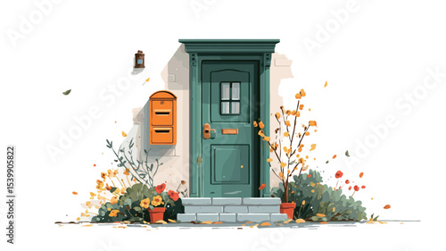 A digital illustration depicting a charming green front door with an orange mailbox on a white wall.  The door is framed by a simple architectural surround.  The scene includes potted plants 