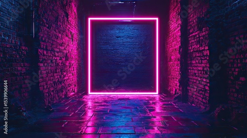 Neon pink rectangle illuminates a brick alleyway.