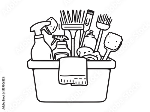 minimalist cleaning caddy line drawing black and white vector