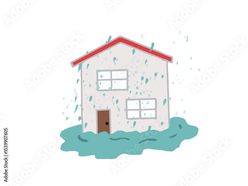Illustration of a house flooded and damaged by water due to heavy rain
