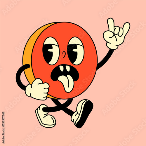 A groovy retro pill character designed in a colorful and playful cartoon style