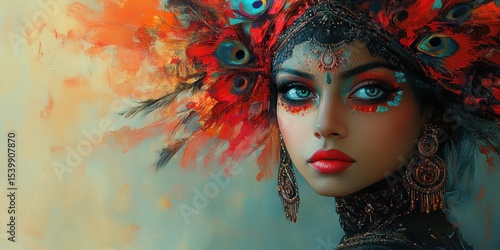 Close-up portrait of an Indian woman with vivid eye makeup and decorative headpiece