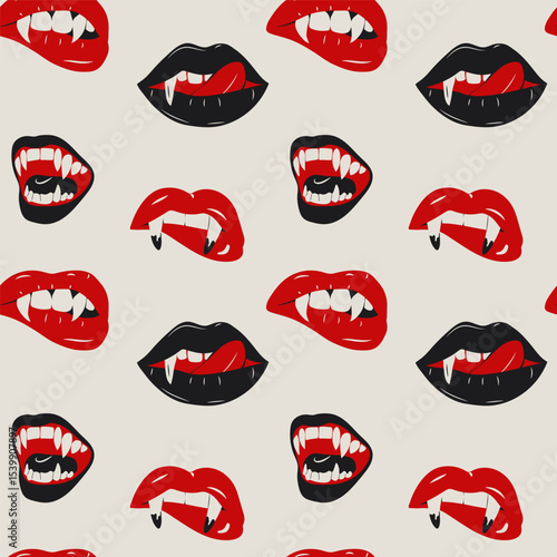 Seamless pattern with Glamorous set of vampire lips featuring blood red color and sharp fangs, offering a bold and dramatic look	