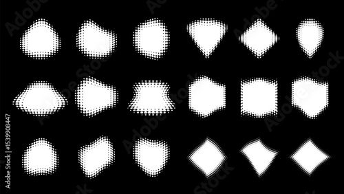Set of halftone dots with curved gradient pattern textured background. Curved white dotted spots using halftone circle dot raster texture. Vector emblems and logo half tone collection. Sale banners