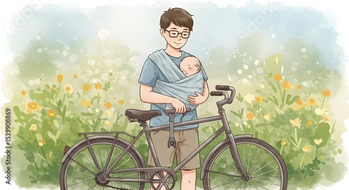 Father carrying baby on bicycle