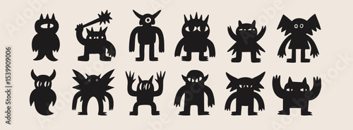 Abstract little black Monsters or fantastic animals. Various quirky funny creatures. Cartoon childish style. Cute characters. Hand drawn trendy Vector illustration. Isolated design elements