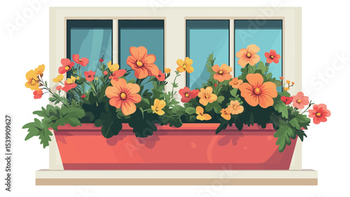 A digital illustration depicts a rectangular, coral-colored window box overflowing with various types of flowers.  The flowers are primarily shades of orange, yellow, and red, with green foliage.