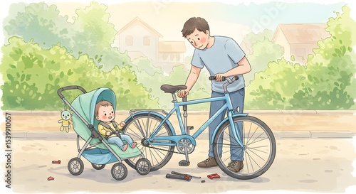 Father helping baby child with bicycle repair