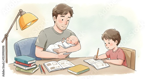 Father helping child with homework and baby illustration
