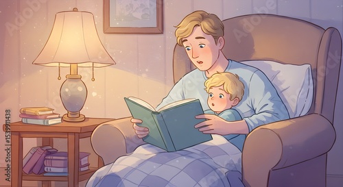 Father reading book to son at bedtime