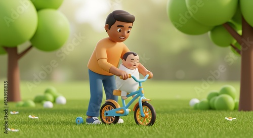Father teaching baby to ride bicycle in park