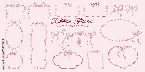 Vintage bows frames for greeting cards, wedding and birthday party, picnic invitations in cute elegant coquette style. Hand drawn ribbons border illustration for social media decoration template.