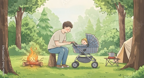 Father with baby in stroller camping