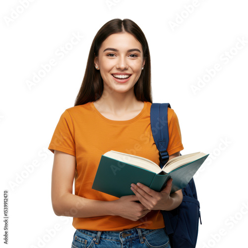 Smiling student holding book isolated on transparent background