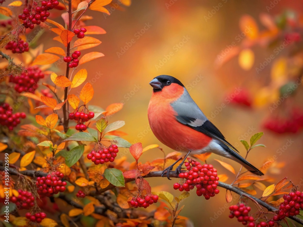 Colorful Bullfinch Perched on Berry-Laden Branch in Autumn Foliage - Nature Photography Colorful Bullfinch Perched on Berry-Laden Branch in Autumn Foliage - Nature Photography