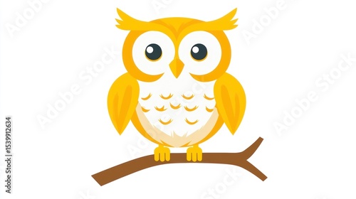 Cartoon owl illustration in golden hues, perched on a brown branch, against white