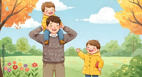 Father with children in autumn park illustration