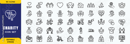 Charity Icon Set. Features community, support, volunteerism, and donation. Perfect for non-profit organizations, social causes, and charitable initiatives. Editable vector graphics for customization