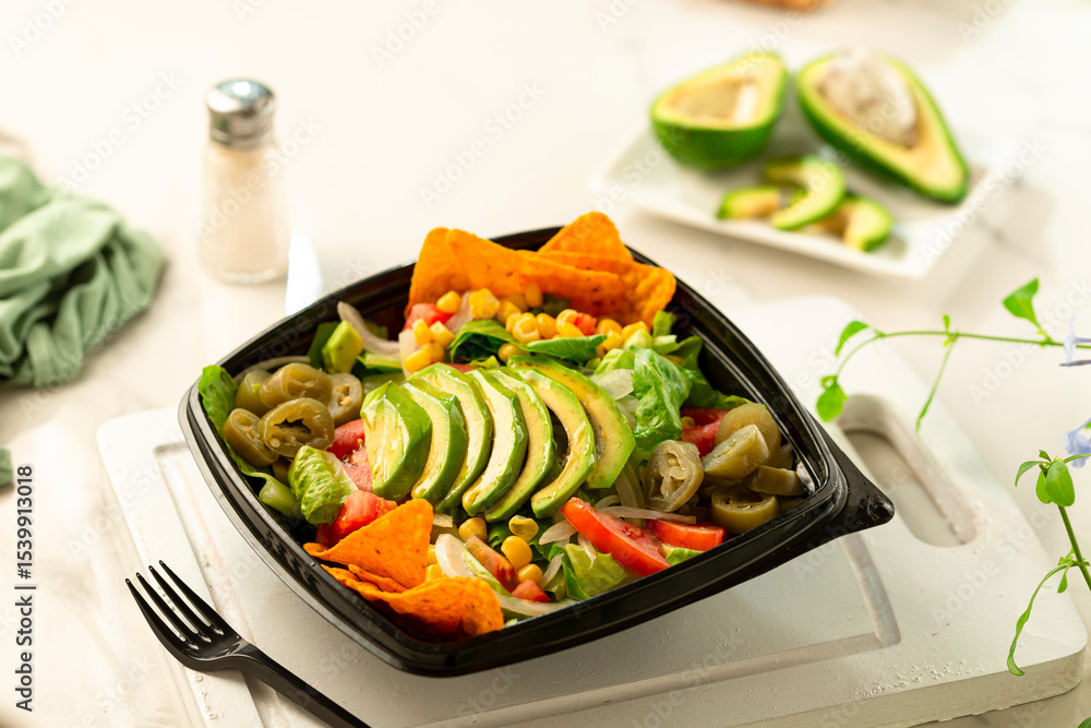 Vegetable salad with avocado corn tomatoes jalapenos cucumbers lettuce and avocado. Vegetable salad with avocado corn tomatoes jalapenos cucumbers lettuce and avocado.