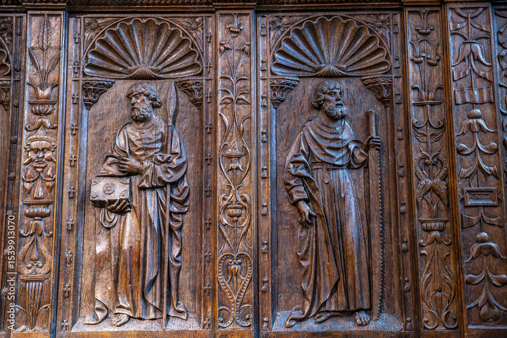 Notre-Dame cathedral, Paris, France. 16th century reliefs on wood Notre-Dame cathedral, Paris, France. 16th century reliefs on wood