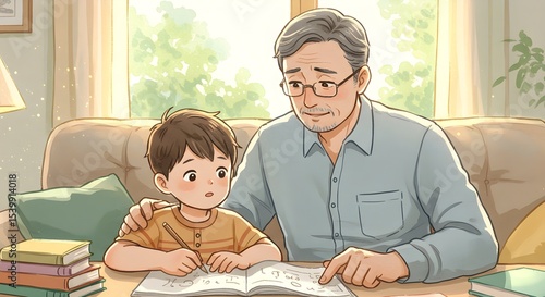 Grandfather and grandson studying together