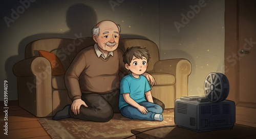 Grandfather and grandson watching movie indoor
